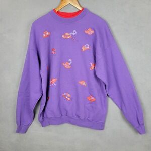 Vintage Artisans Sweatshirt Womens Large Purple Hats AOP Cotton Fleece Preshrunk